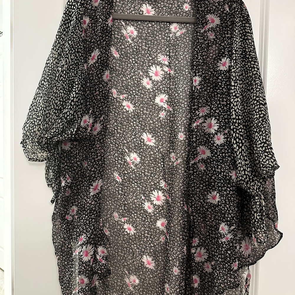 Sheer Black Floral Kimono with Pink Accents - Picture 2 of 4